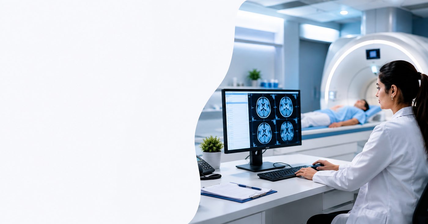 A radiographer at the reporting console reviewing brain MRI images while a patient is scanned in the room behind.