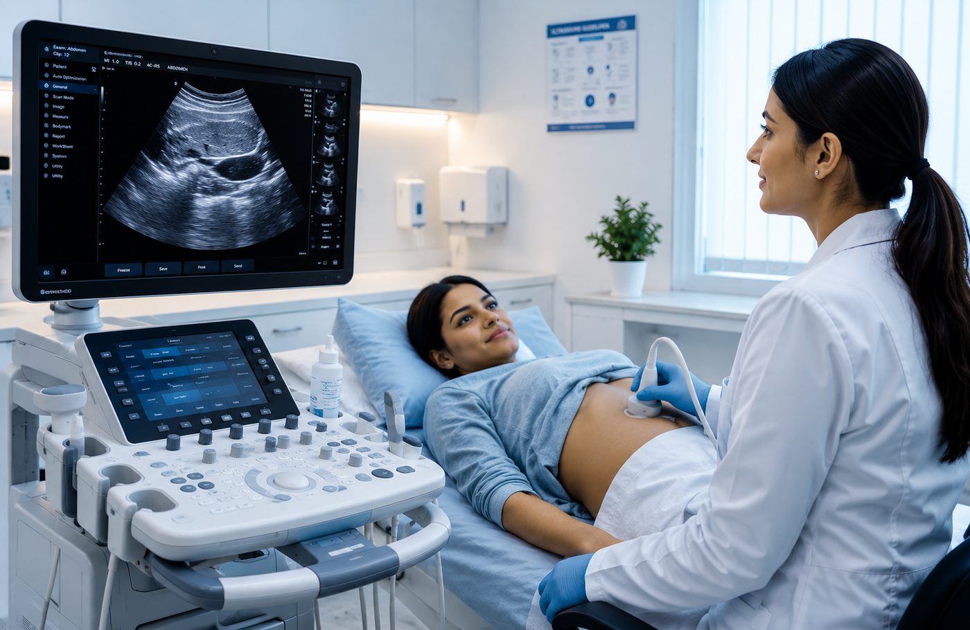 A sonographer performing an abdominal ultrasound, with the scan displayed live on the machine's monitor.