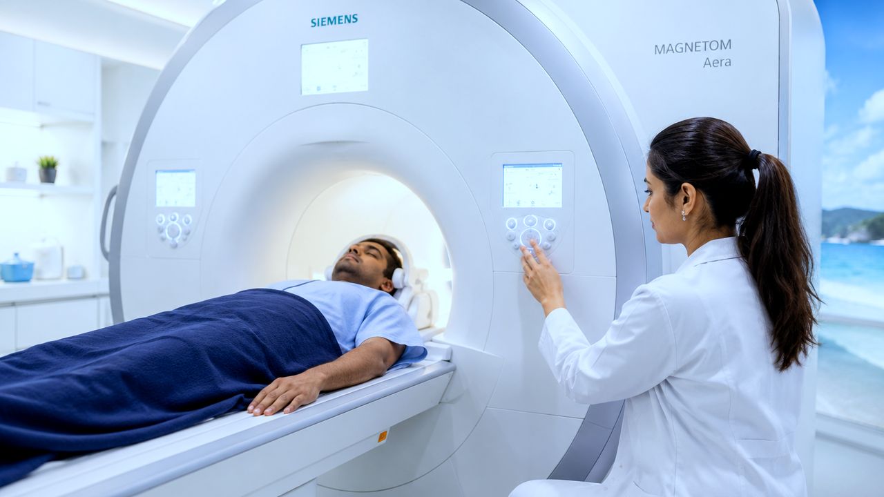 A radiographer at the console of a wide-bore MRI scanner while a patient lies on the table, head supported in a coil, ready to enter the magnet.