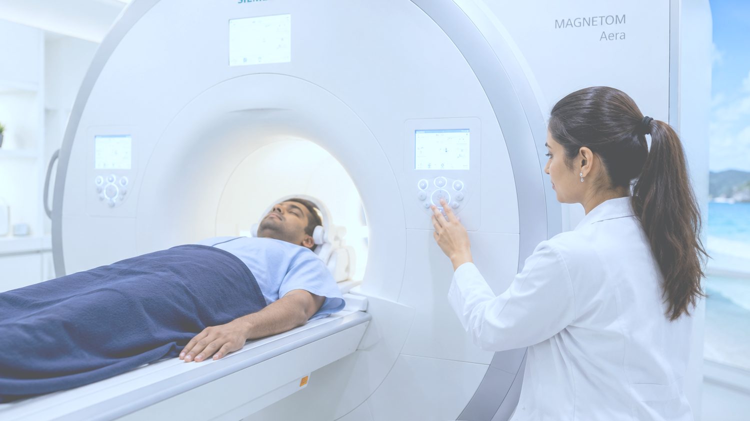 The imaging suite, with the scanner gantry, patient table and control console.