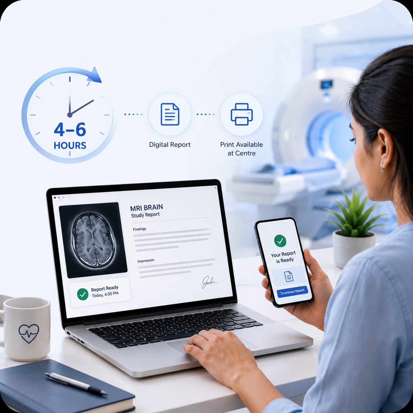 A patient opening an MRI brain study report on a laptop and phone, alongside a four-to-six hour turnaround dial and icons for the digital report and printed films.